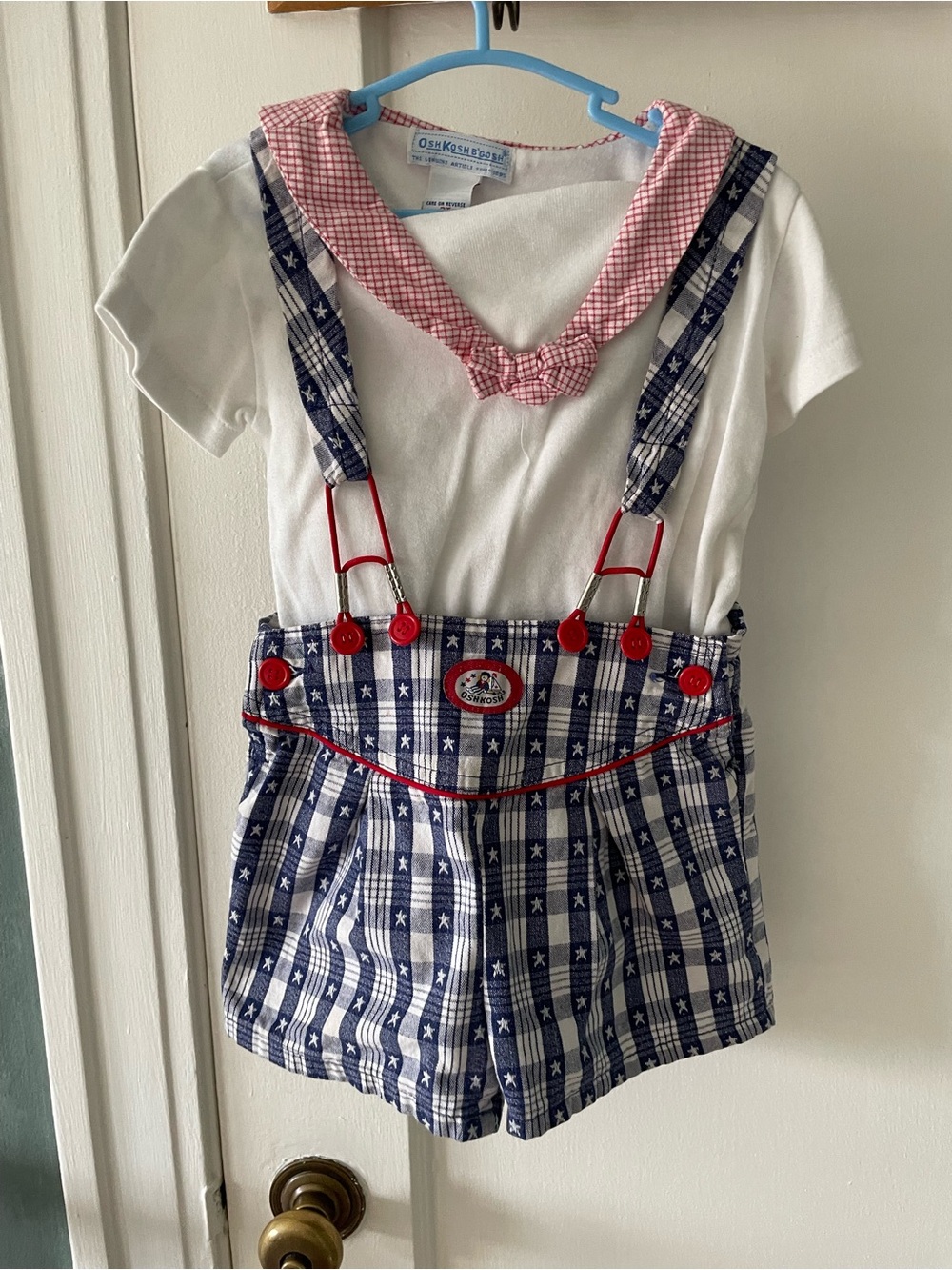 RARE VtgOSH Kosh B'gosh Navy Plaid Suspender Shorts with White Top - Red Accents